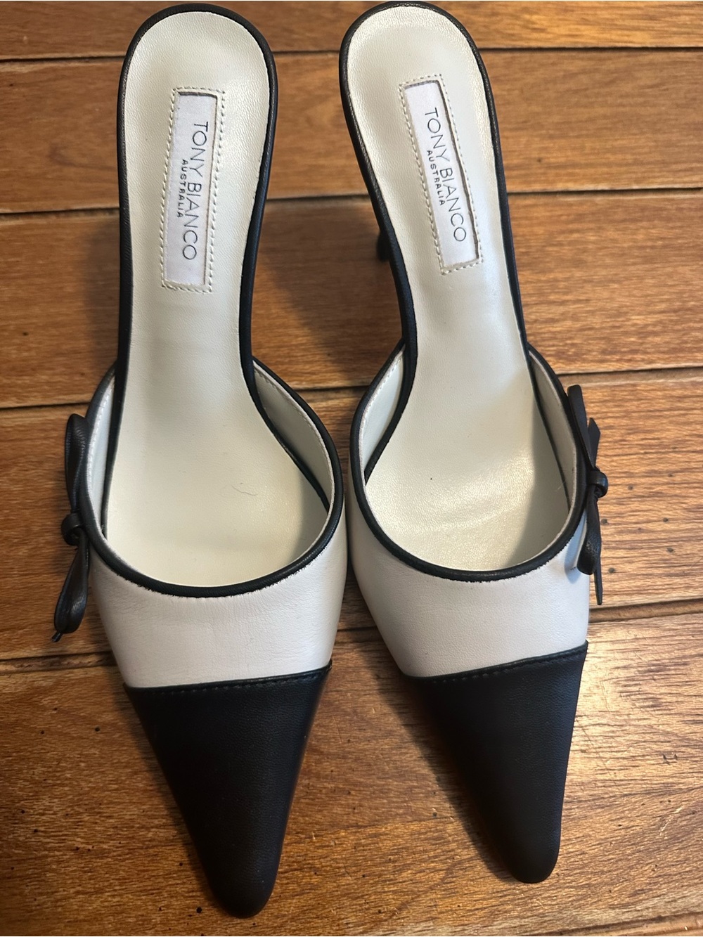 Tony Bianco Two-Tone Pointed Toe Mules in Black & Cream